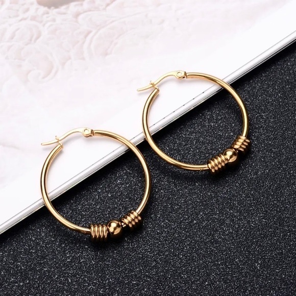3 For $35 14K Gold Plated Beaded Hoop Earrings - Picture 1 of 3
